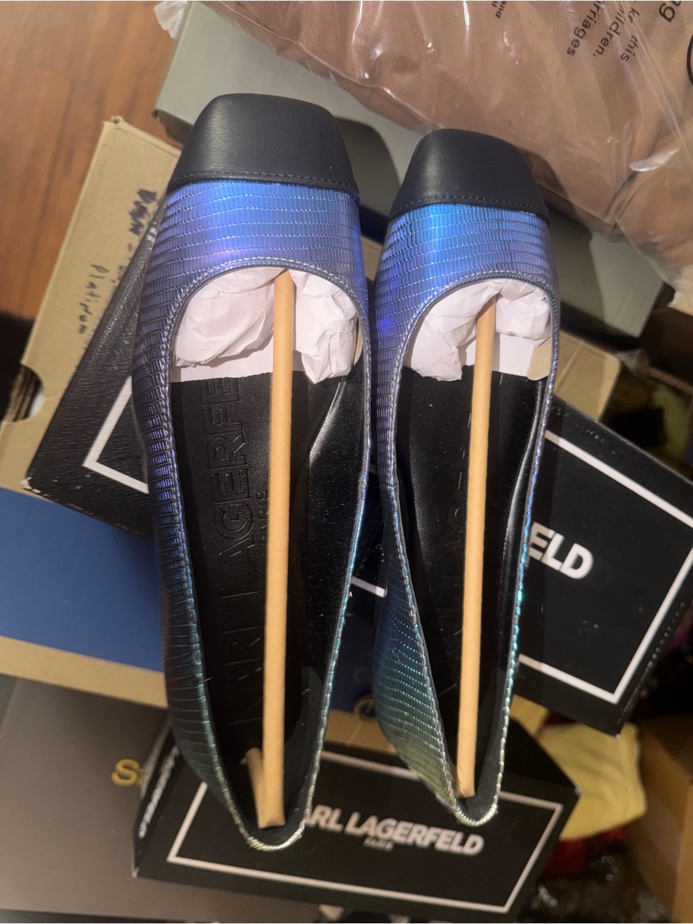 Karl Lagerfeld Woman’s Blue Iridescent Slip-On Loafers with Black Toe